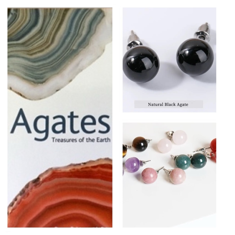 🐘 Natural Black Agate Stainless Steel Stud Earrings